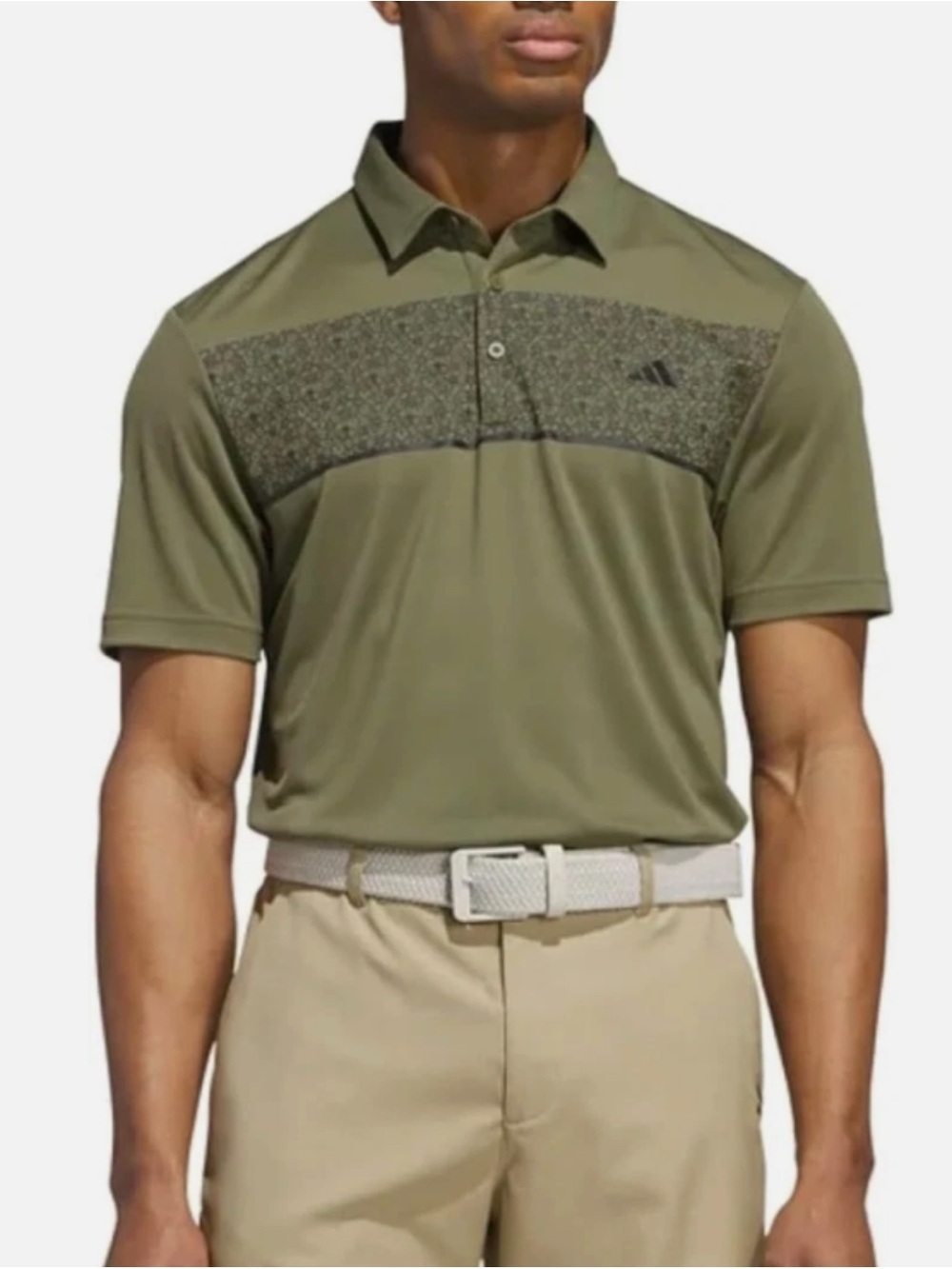 adidas Men's Olive Green Short Sleeve Polo with Textured Chest Stripe